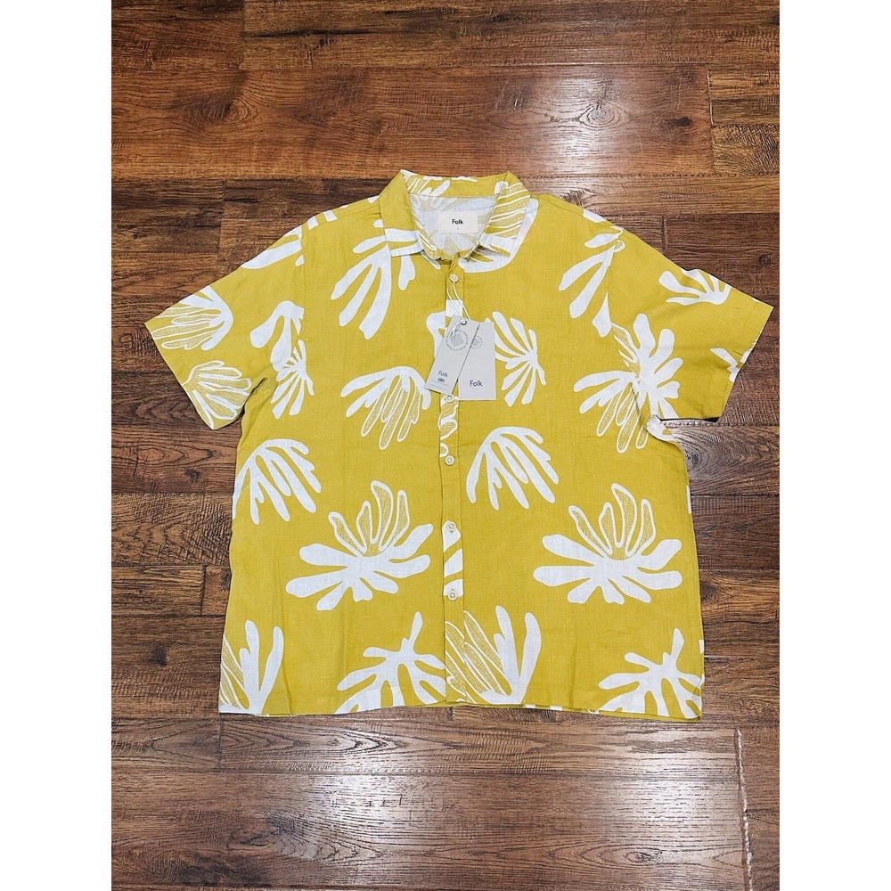 NEW Folk Hugo Button Up Shirt Size L Short Sleeve Hawaiian Floral Yellow $155‎